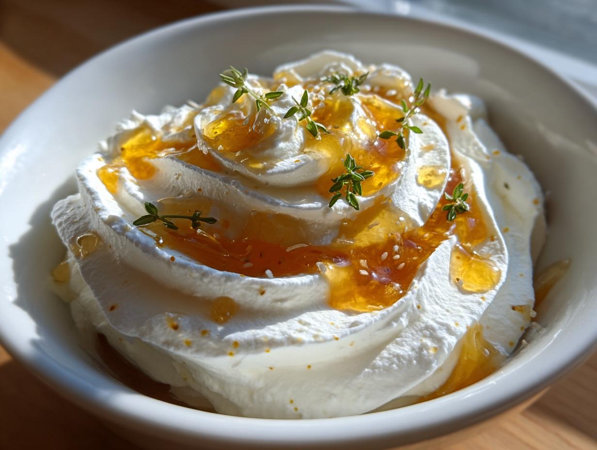 Close-up of a fluffy, swirled ricotta dip topped with golden honey, sesame seeds, and fresh thyme sprigs.