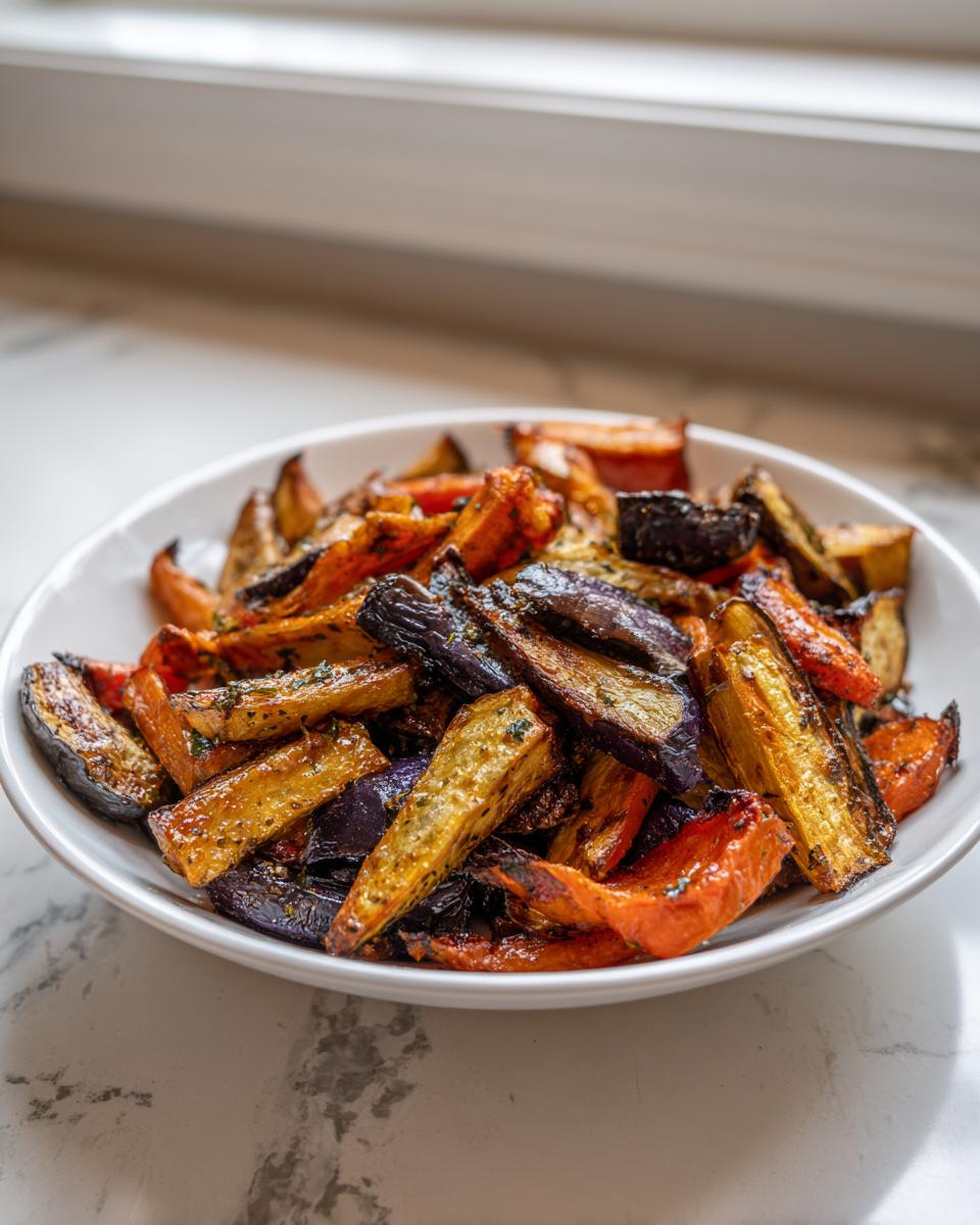 A white bowl filled with colorful, caramelized roasted vegetables, including purple eggplant and orange carrots, seasoned with herbs.