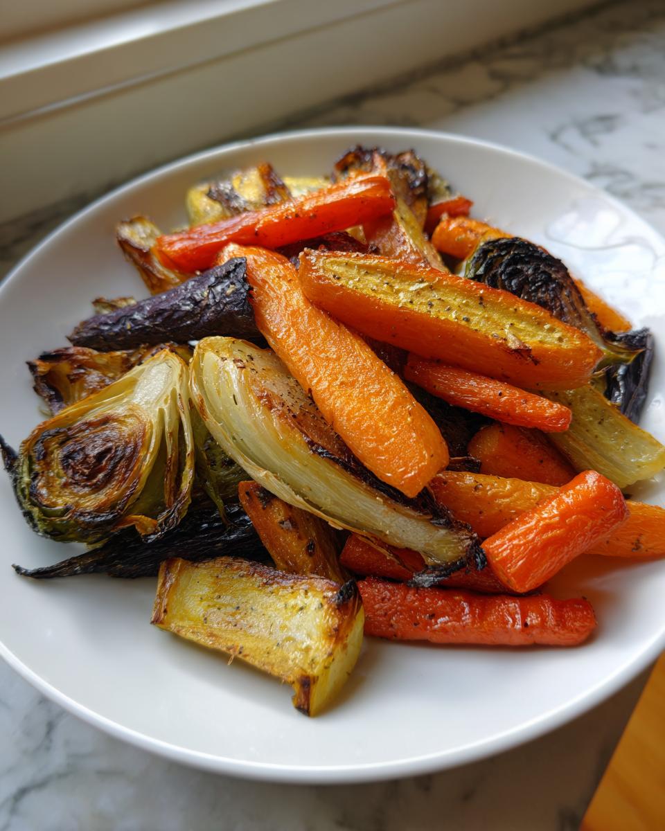 A close-up of vibrant, caramelized roasted vegetables including carrots and fennel wedges, seasoned and served on a white plate.