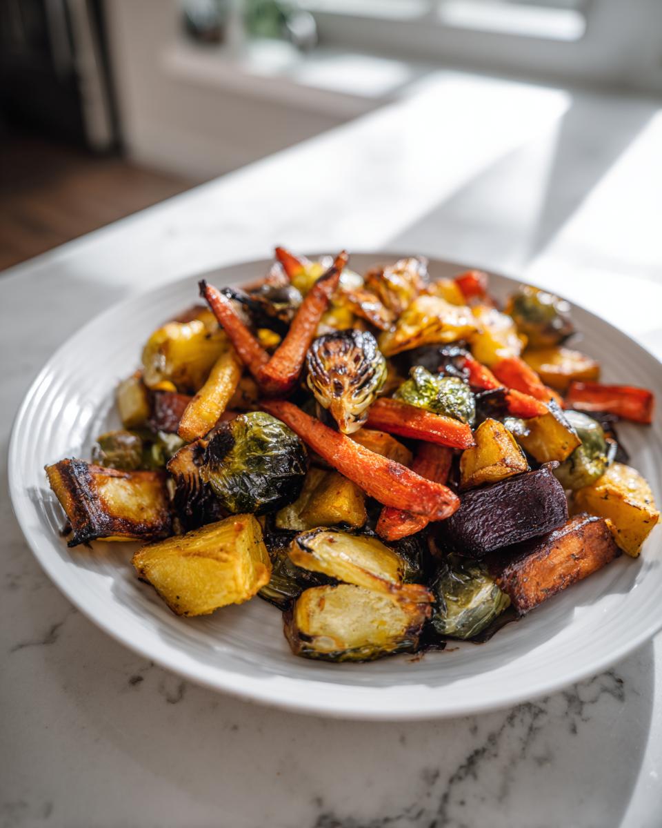 A close-up of perfectly caramelized roasted vegetables, including carrots and Brussels sprouts, on a white plate.