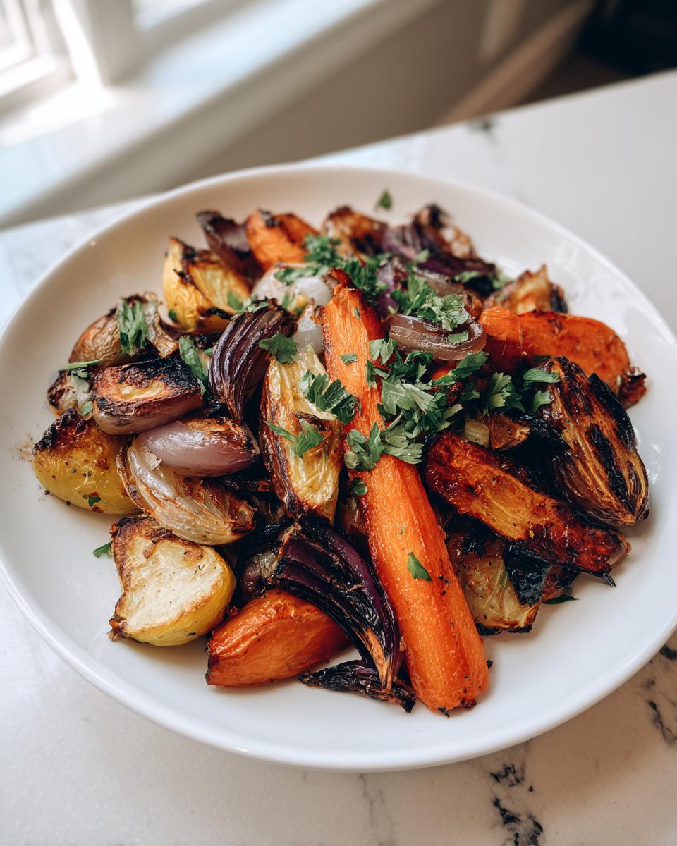 A close-up of perfectly caramelized roasted vegetables, including carrots, red onion, and potatoes, garnished with fresh parsley.