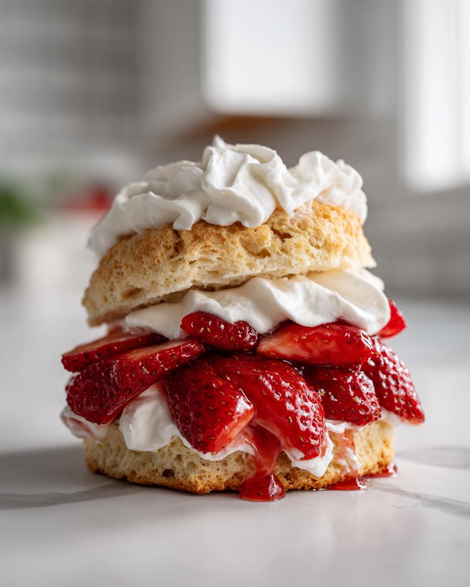Close-up of a delicious strawberry shortcake with layers of biscuit, macerated strawberries, and whipped cream.