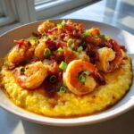A close-up of creamy yellow shrimp and grits topped with seasoned shrimp, crispy bacon, and green onions.