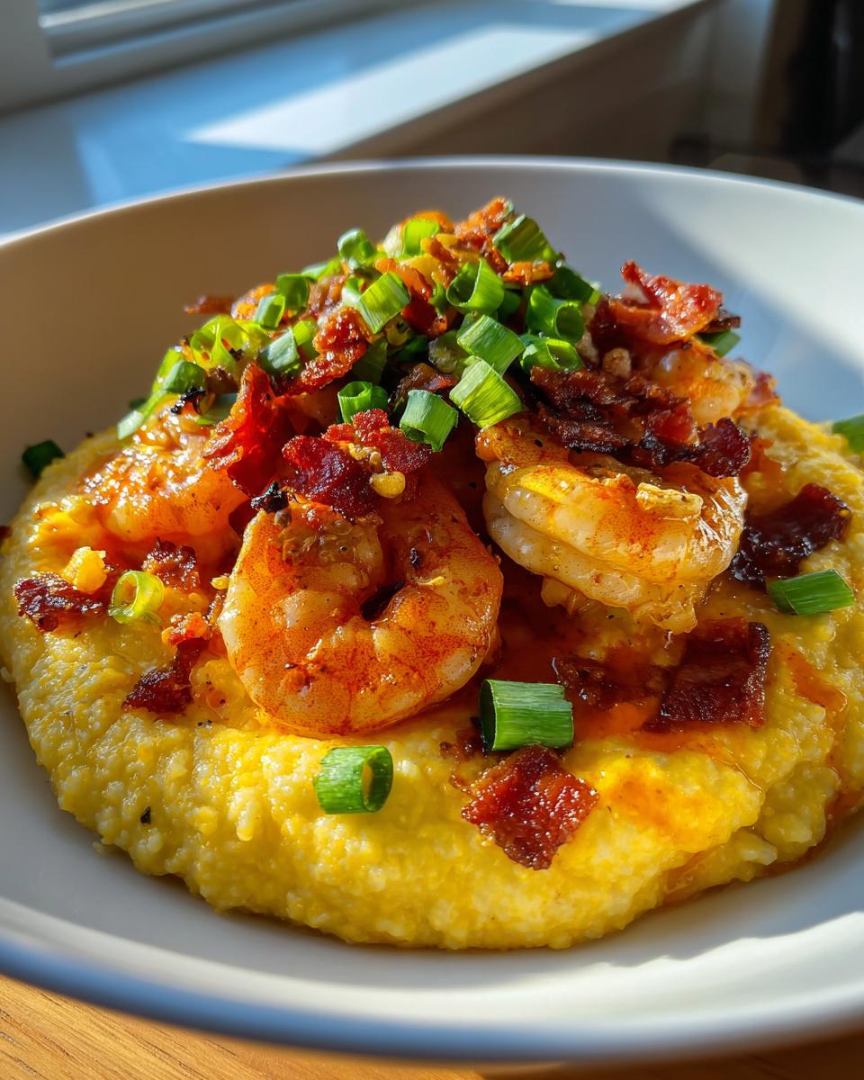 A close-up view of a bowl of creamy yellow shrimp and grits topped with seasoned shrimp, bacon bits, and fresh green onions.