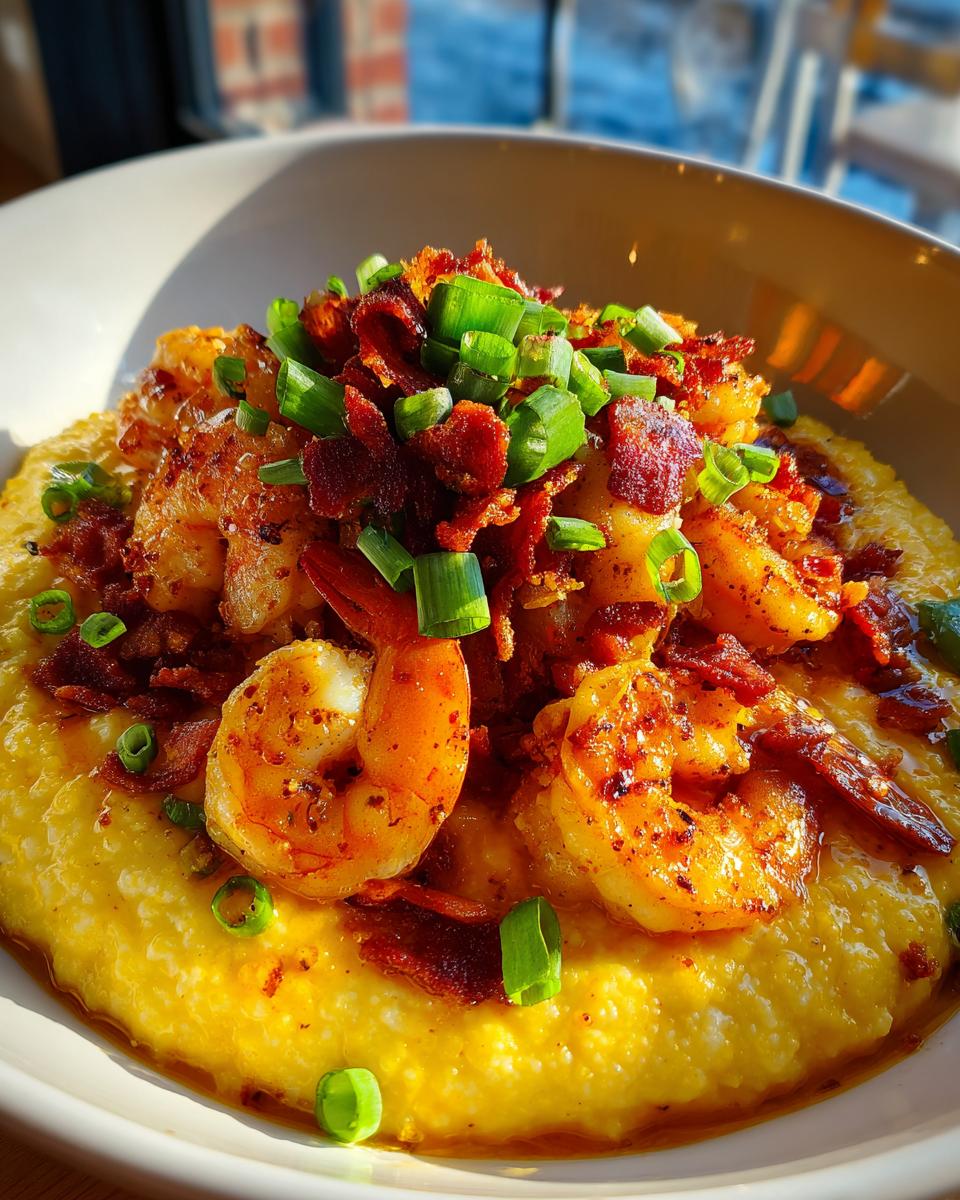 A close-up view of creamy, yellow shrimp and grits topped with seasoned shrimp, crumbled bacon, and fresh green onions.