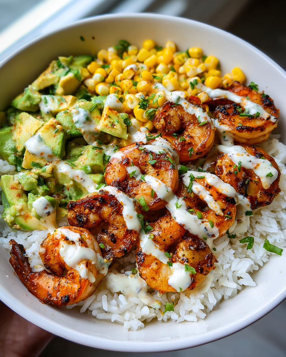 Close-up of a vibrant shrimp bowl featuring seasoned shrimp, white rice, avocado, corn, and a creamy white drizzle.