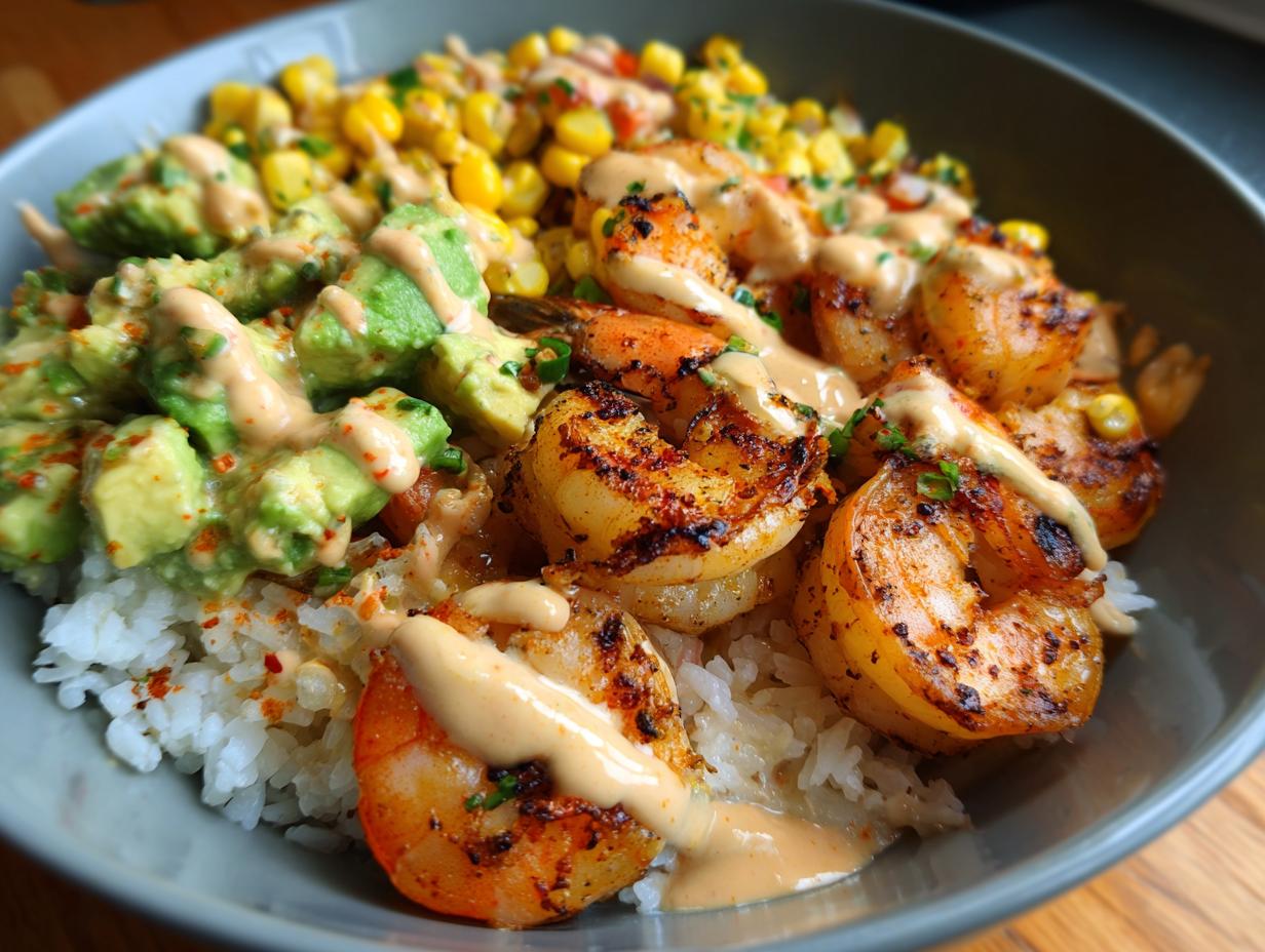 Close-up of a flavorful shrimp bowl featuring grilled shrimp, diced avocado, corn, and a creamy sauce over white rice.
