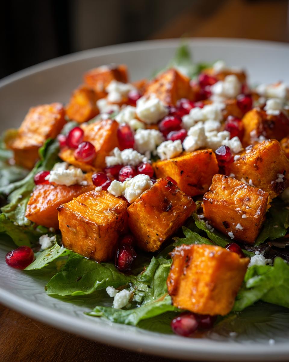 Close-up of a vibrant sweet potato salad featuring roasted sweet potato cubes, crumbled feta, and bright pomegranate seeds over greens.