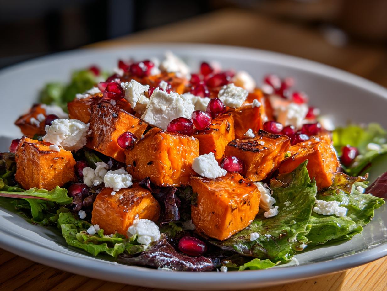 Close-up of roasted sweet potato salad cubes topped with feta cheese and pomegranate seeds on mixed greens.