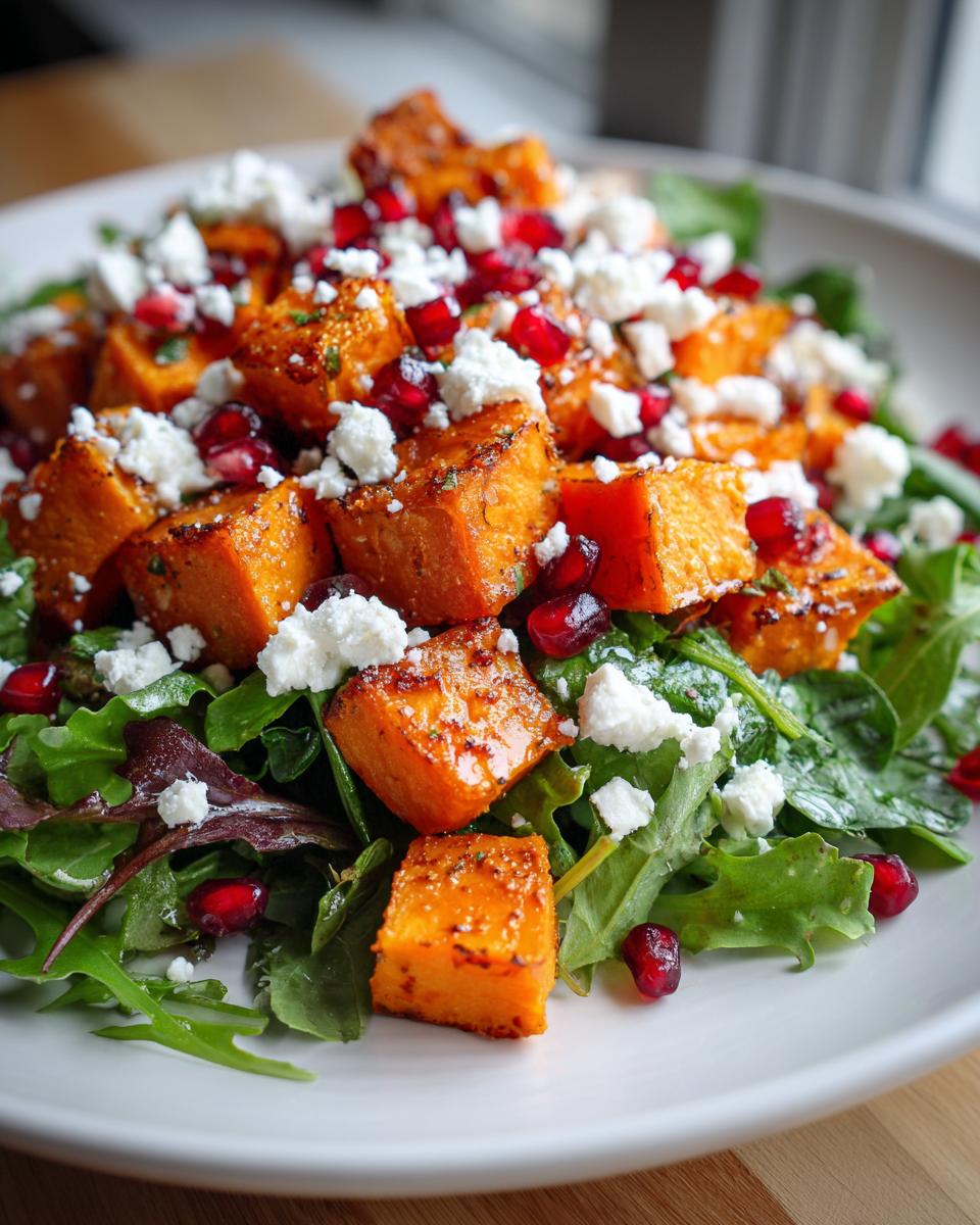 Close-up of a vibrant sweet potato salad featuring roasted orange sweet potato cubes, crumbled white feta cheese, and bright red pomegranate seeds over mixed greens.
