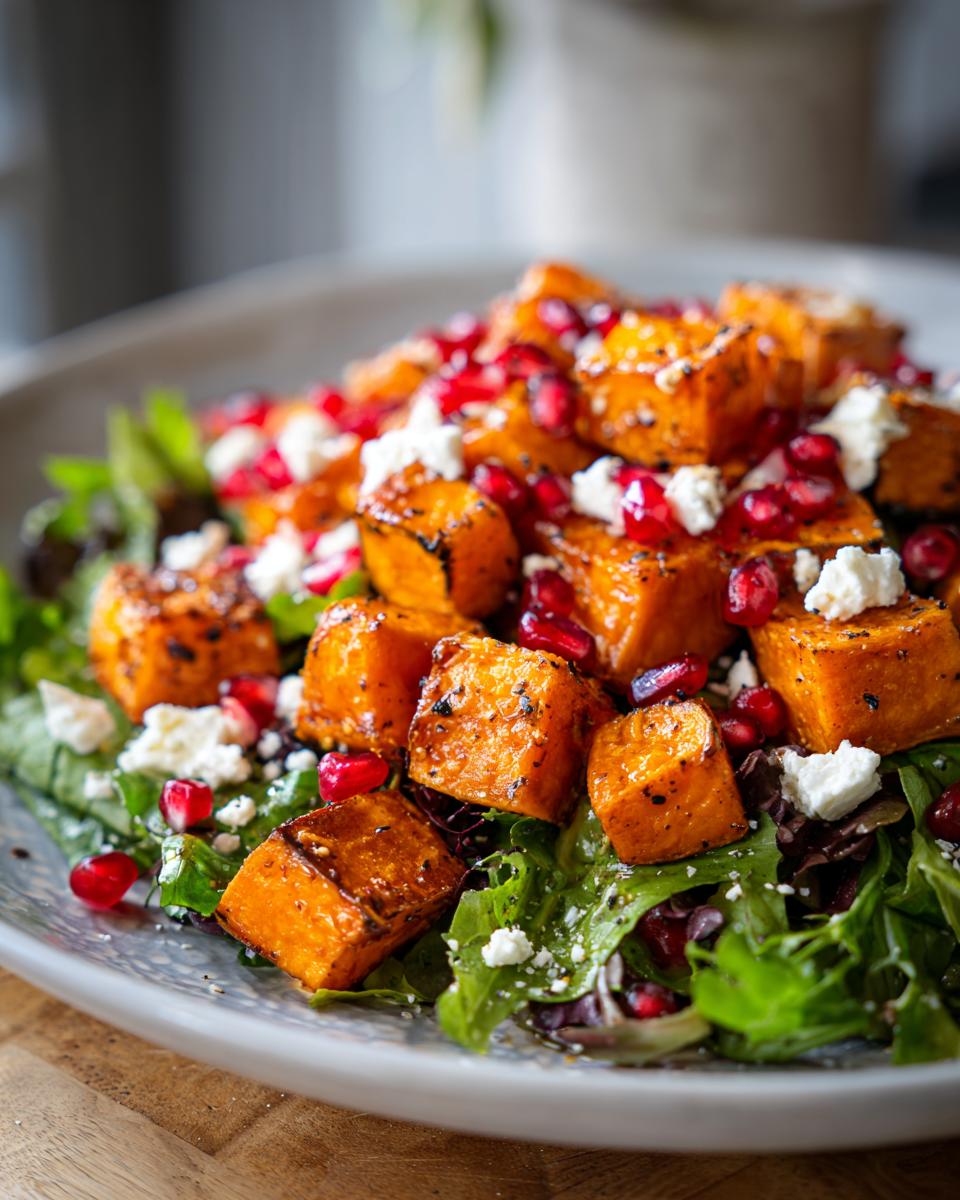 Close-up of a vibrant sweet potato salad featuring roasted orange cubes, crumbled white feta cheese, and bright red pomegranate seeds over mixed greens.