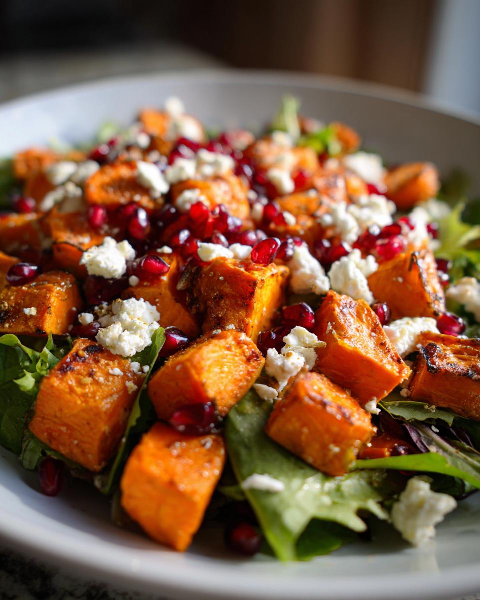 Close-up of a vibrant sweet potato salad featuring roasted orange cubes, crumbled white feta cheese, and bright red pomegranate seeds over mixed greens.