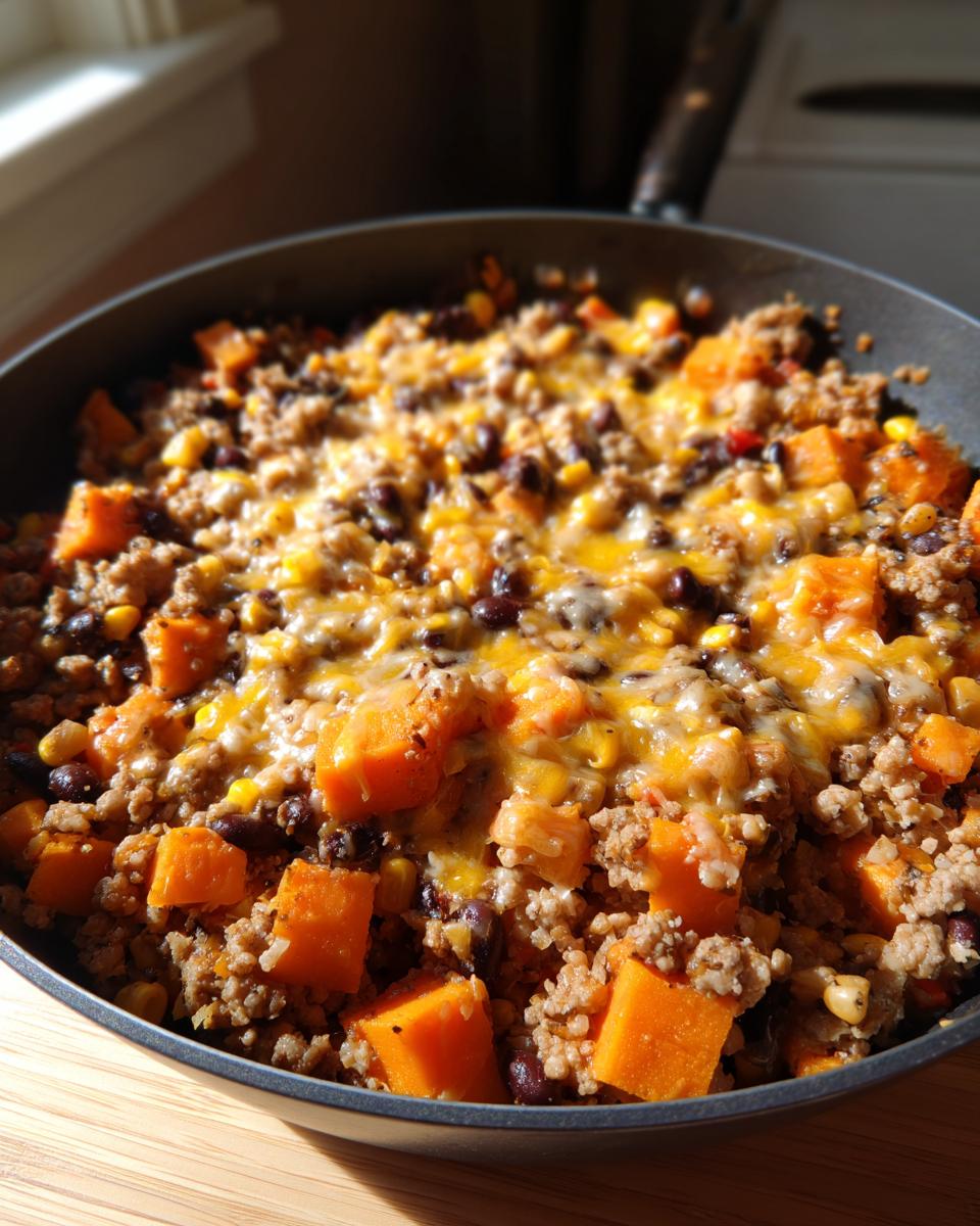 Close-up of an amazing sweet potato skillet filled with ground meat, black beans, corn, and topped with melted cheddar cheese.
