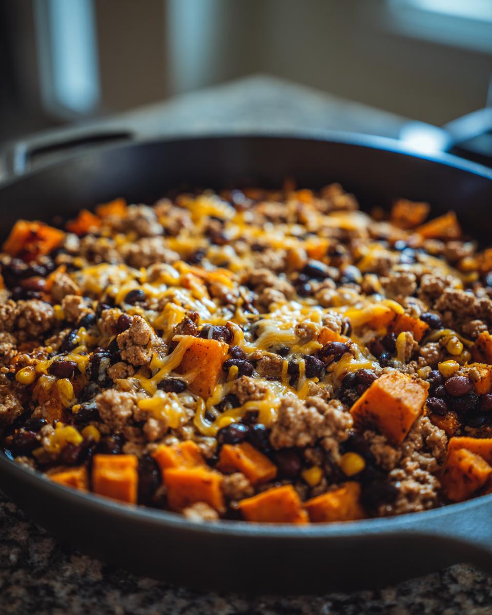 Close-up of a savory sweet potato skillet in a cast iron pan, topped with ground meat, black beans, and melted cheddar cheese.