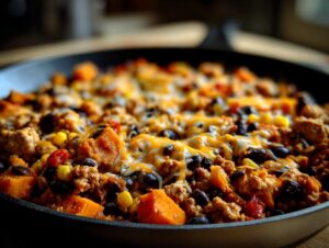 Close-up of a savory sweet potato skillet meal topped with melted cheese, black beans, and ground meat.