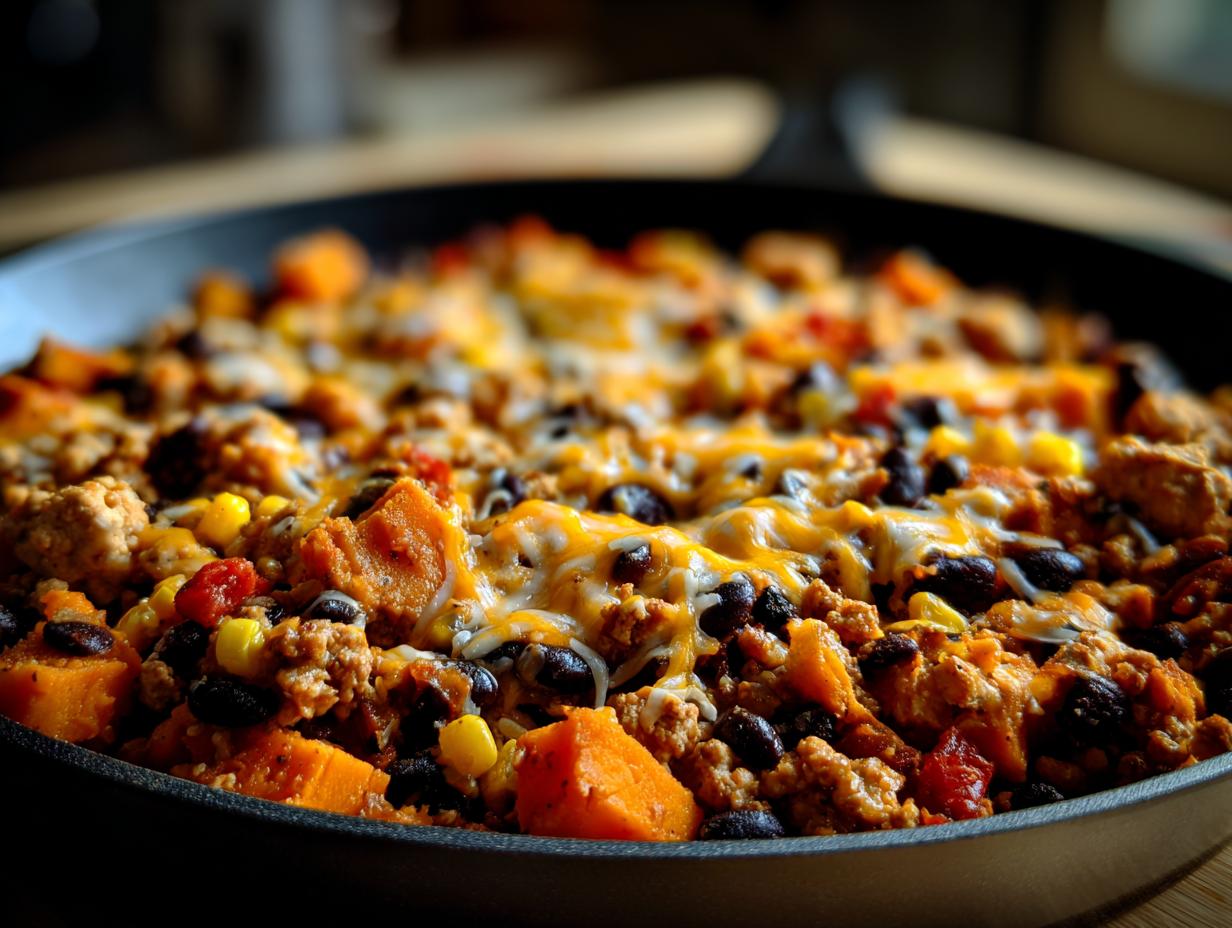 Close-up of a savory sweet potato skillet meal topped with melted cheese, black beans, and ground meat.