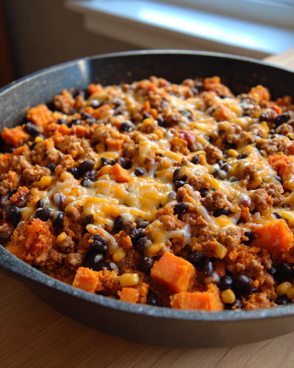 Close-up of a delicious sweet potato skillet topped with melted cheese, ground meat, black beans, and corn.