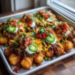 Close-up of loaded tater tot nachos covered in chili, melted cheese, salsa, sour cream, and jalapeños.