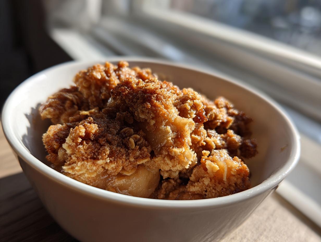 Close-up of a warm serving of apple crisp recipe in a white bowl, featuring a golden brown, crumbly topping.