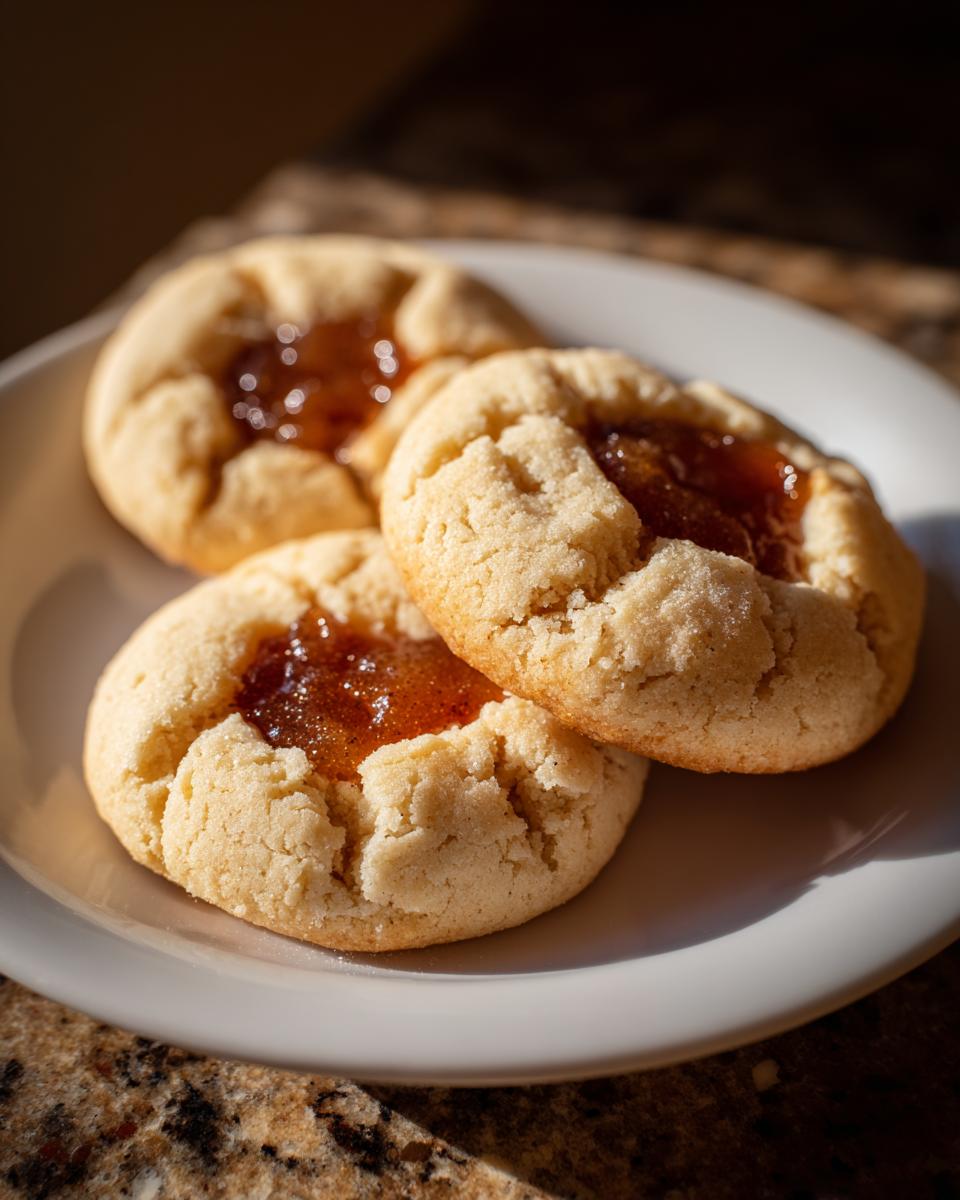 Close-up of three freshly baked apple pie cookies with a jammy, glistening apple filling center.