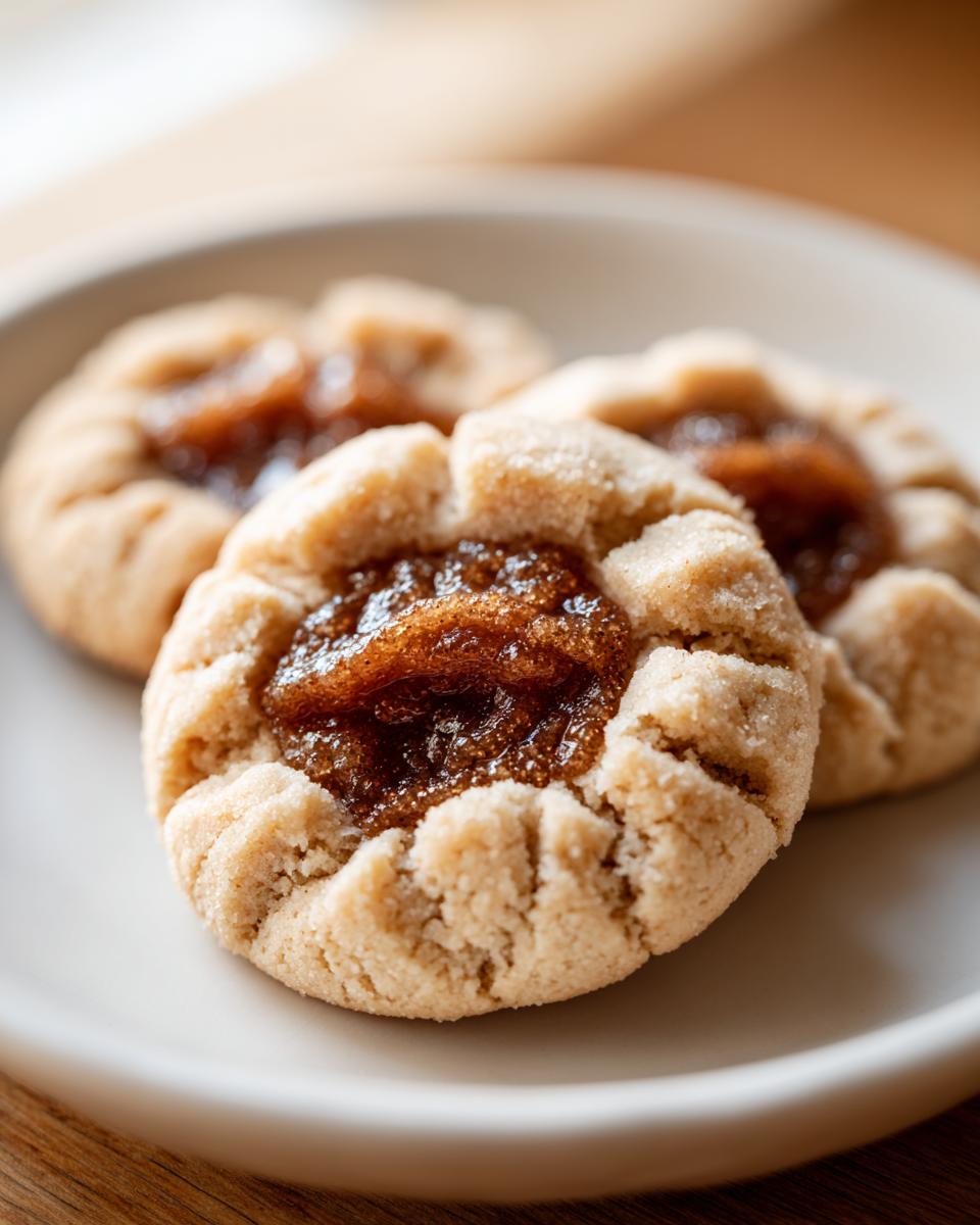 Close-up of three freshly baked apple pie cookies with a brown, gooey apple filling center.