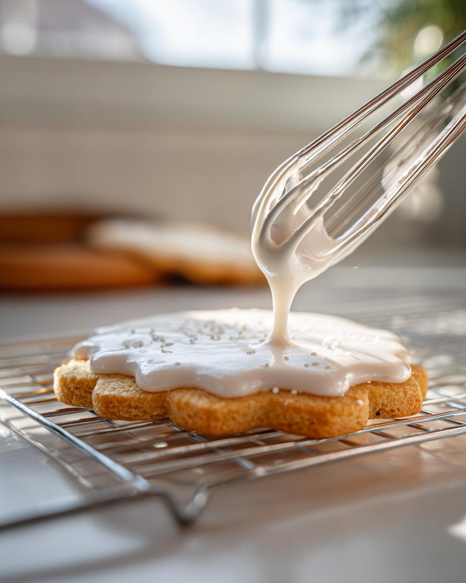 A whisk drips thick white cookie icing recipe onto a flower-shaped sugar cookie cooling on a wire rack.