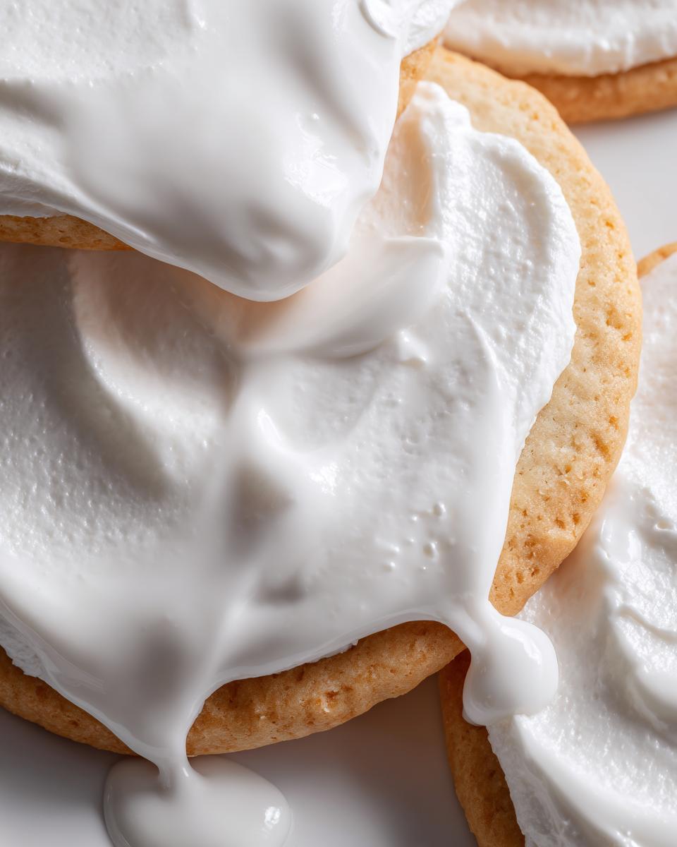 Close-up of thick, white sugar cookie icing being generously spread onto a round, golden-brown sugar cookie.