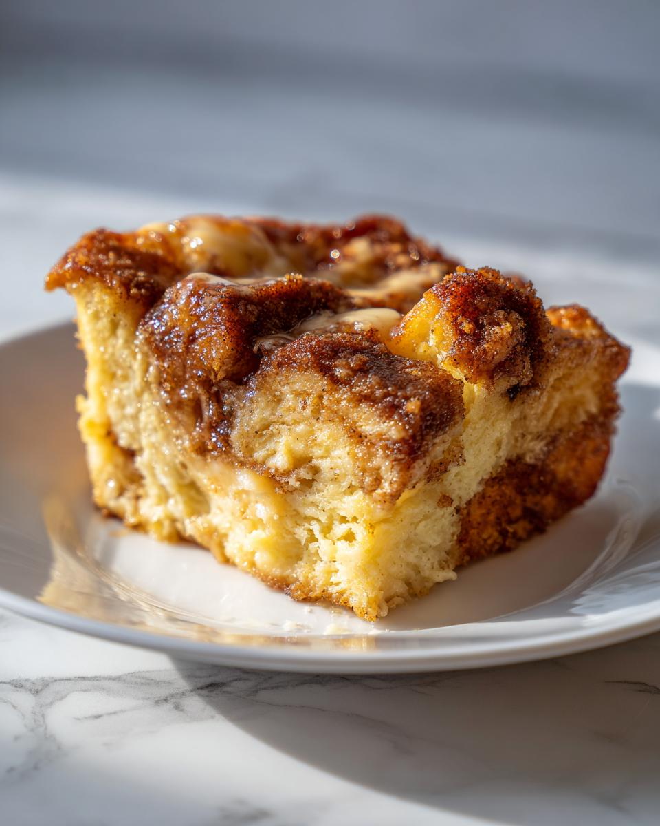 Close-up of a moist, square slice of baked french toast with a rich cinnamon-sugar topping on a white plate.