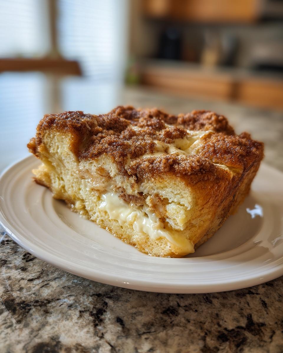 A thick slice of baked french toast with a creamy center and cinnamon streusel topping served on a white plate.