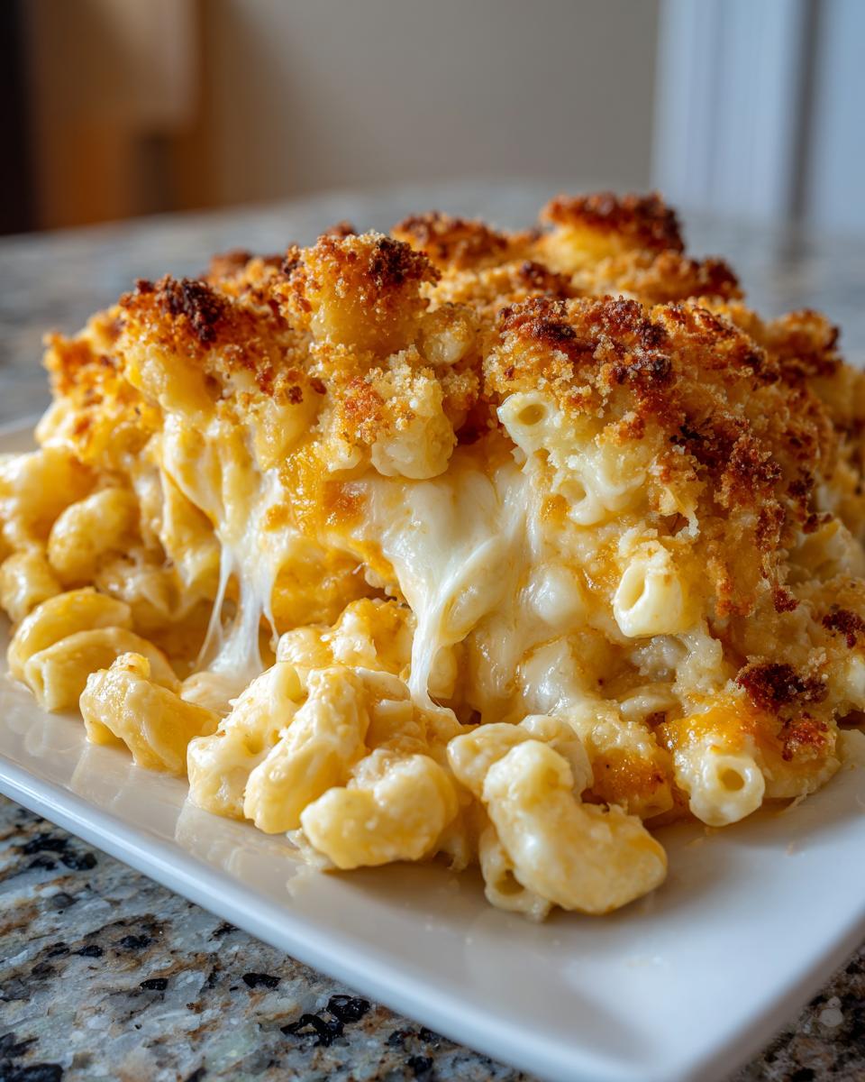 A close-up of a serving of baked mac and cheese recipe showing gooey melted cheese pull and a crispy breadcrumb topping.