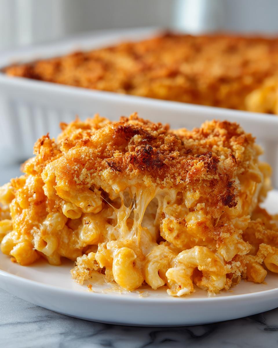 A close-up serving of baked mac and cheese recipe showing gooey cheese pulls and a crispy breadcrumb topping.