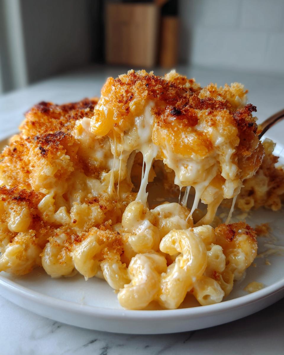 A spoonful of baked mac and cheese recipe showing extreme cheese pull and a crispy breadcrumb topping.