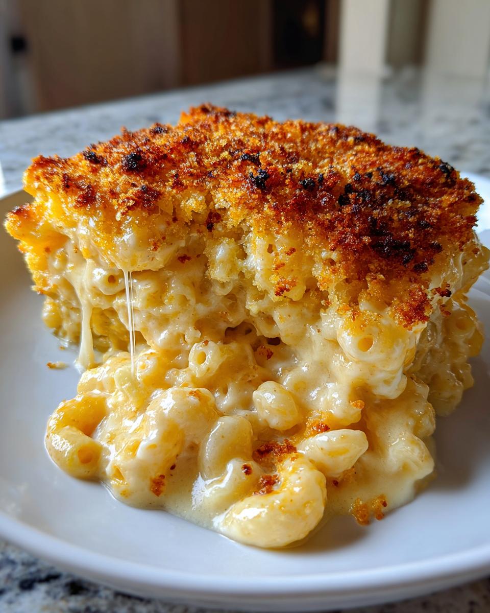A decadent slice of baked mac and cheese recipe showing creamy sauce and a golden brown, crispy breadcrumb topping.