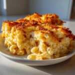 A generous serving of baked mac and cheese recipe with a golden, crispy topping and gooey cheese pull.