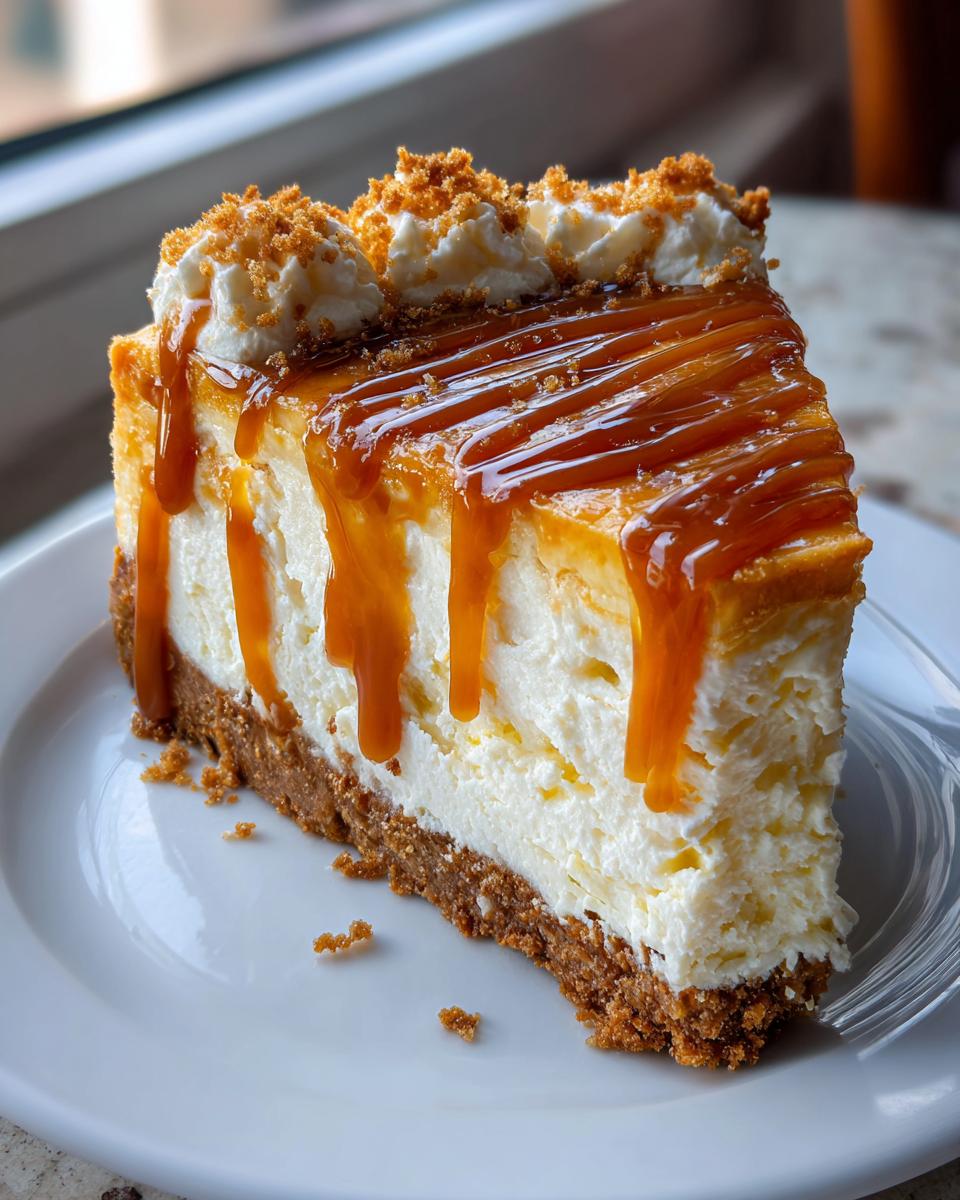 A decadent slice of baked salted caramel cheesecake topped with caramel drizzle and whipped cream.