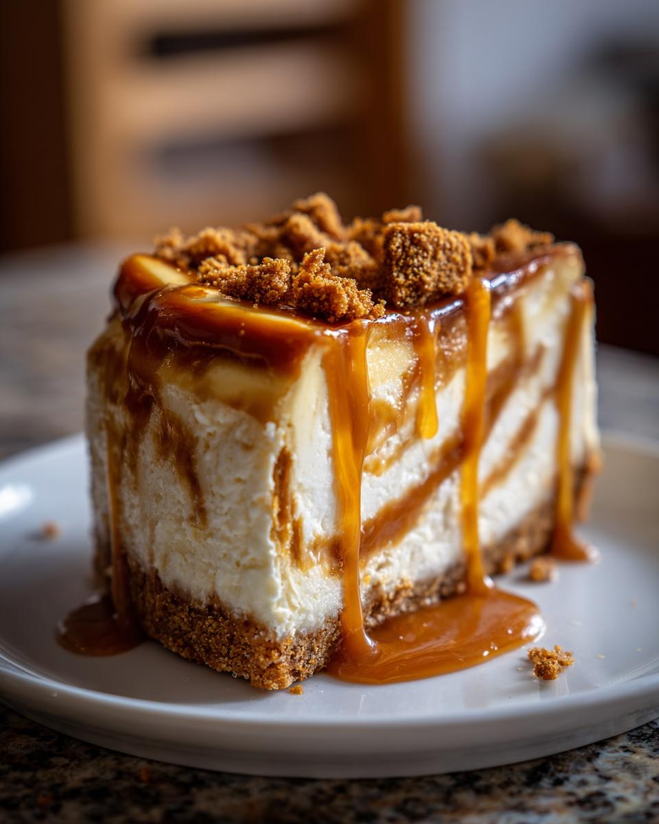 A decadent slice of baked salted caramel cheesecake drizzled with caramel sauce and topped with cookie crumbles.