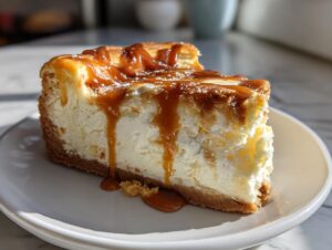 A thick slice of baked salted caramel cheesecake with a graham cracker crust and rich caramel sauce dripping down the side.