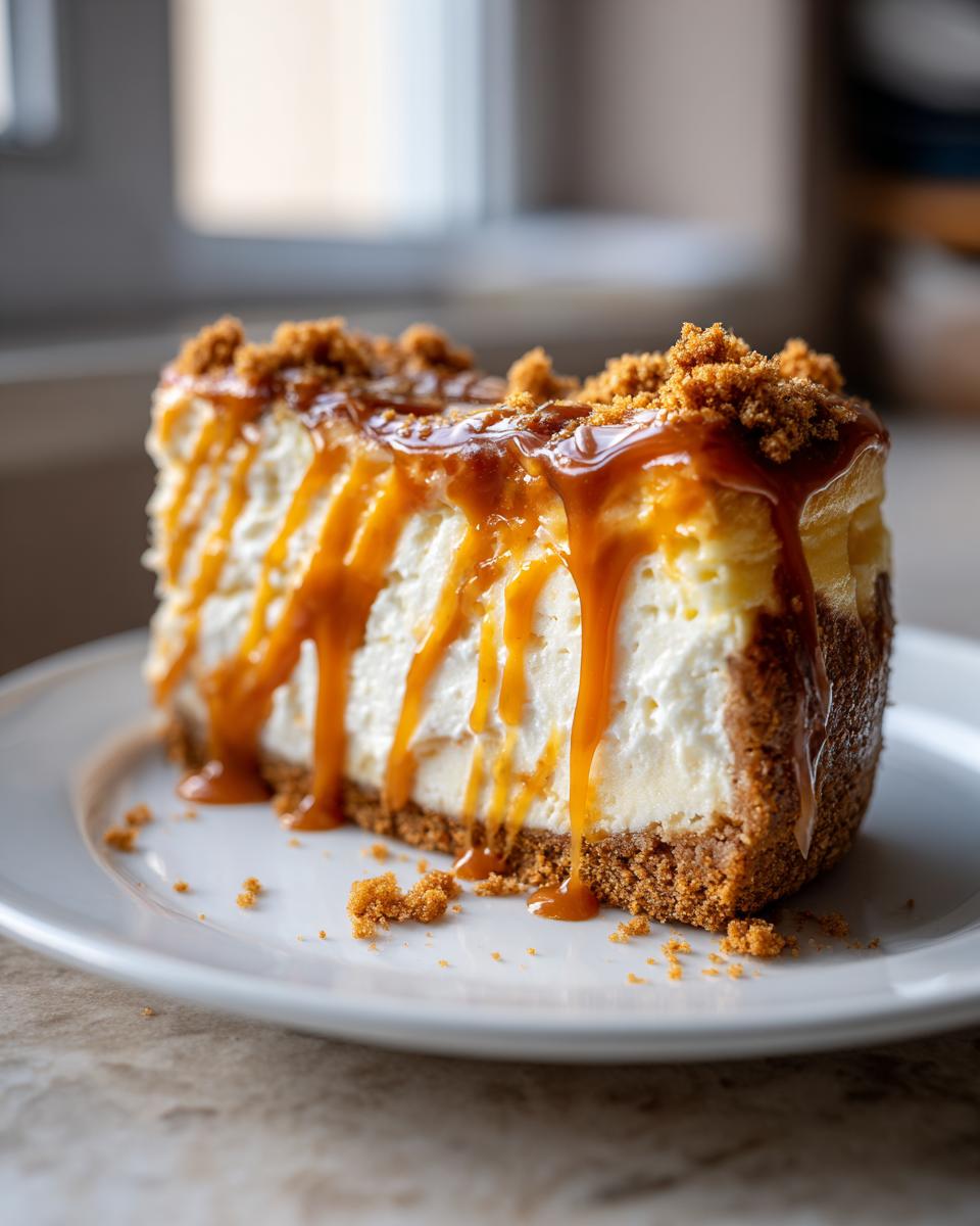 A decadent slice of baked salted caramel cheesecake topped with rich caramel sauce and cookie crumbs.