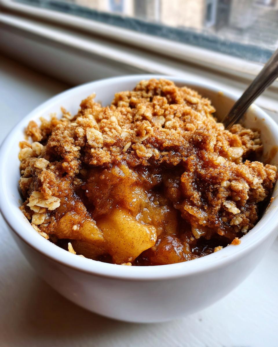 Close-up of a single serving of the best apple crisp recipe, showing warm, gooey apples under a crunchy oat topping in a white bowl.