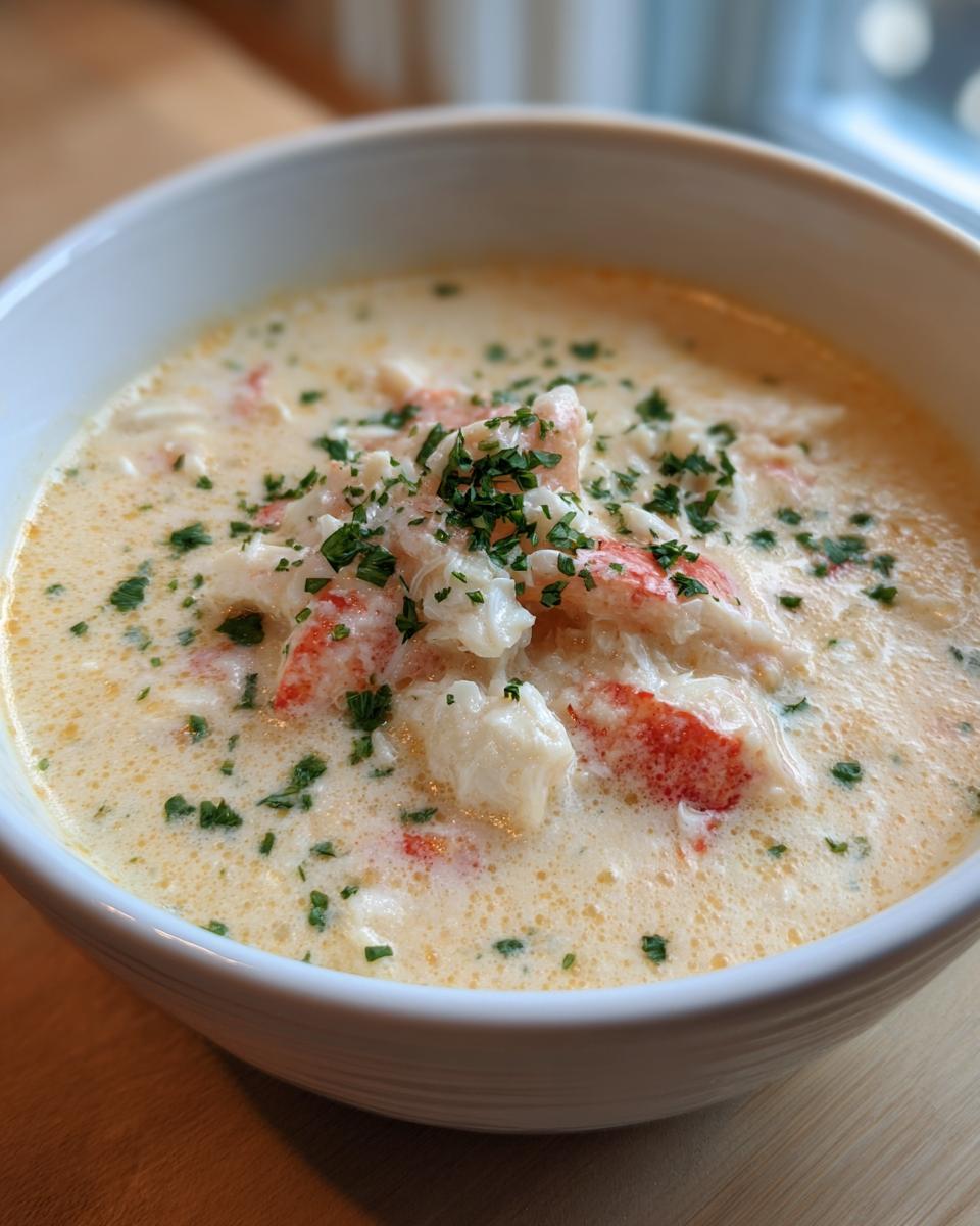 Close-up of a bowl of rich, creamy crab soup loaded with visible chunks of crab meat and garnished with chopped parsley.