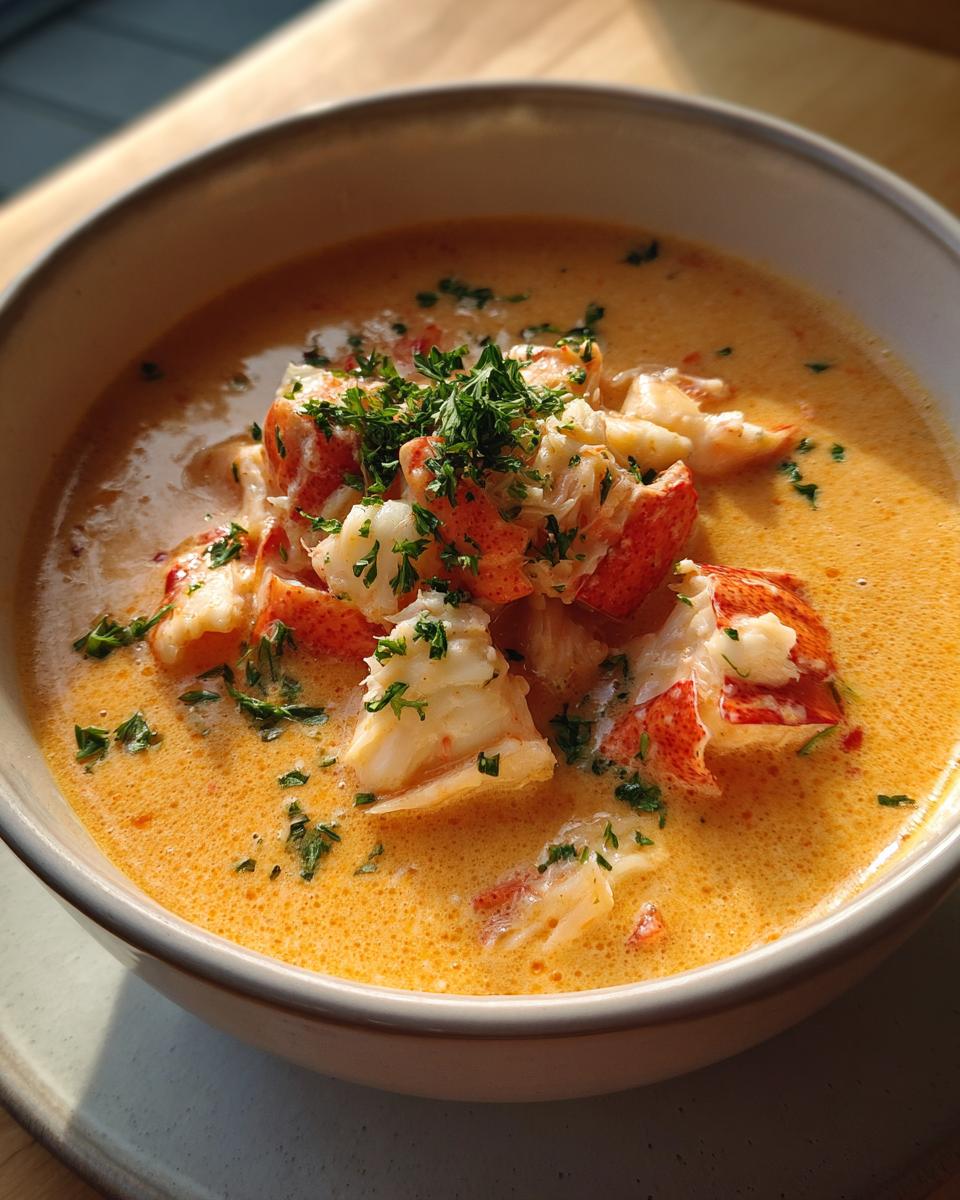 Close-up of a bowl of rich, orange-hued cream of crab soup generously topped with chunks of white crab meat and fresh parsley.