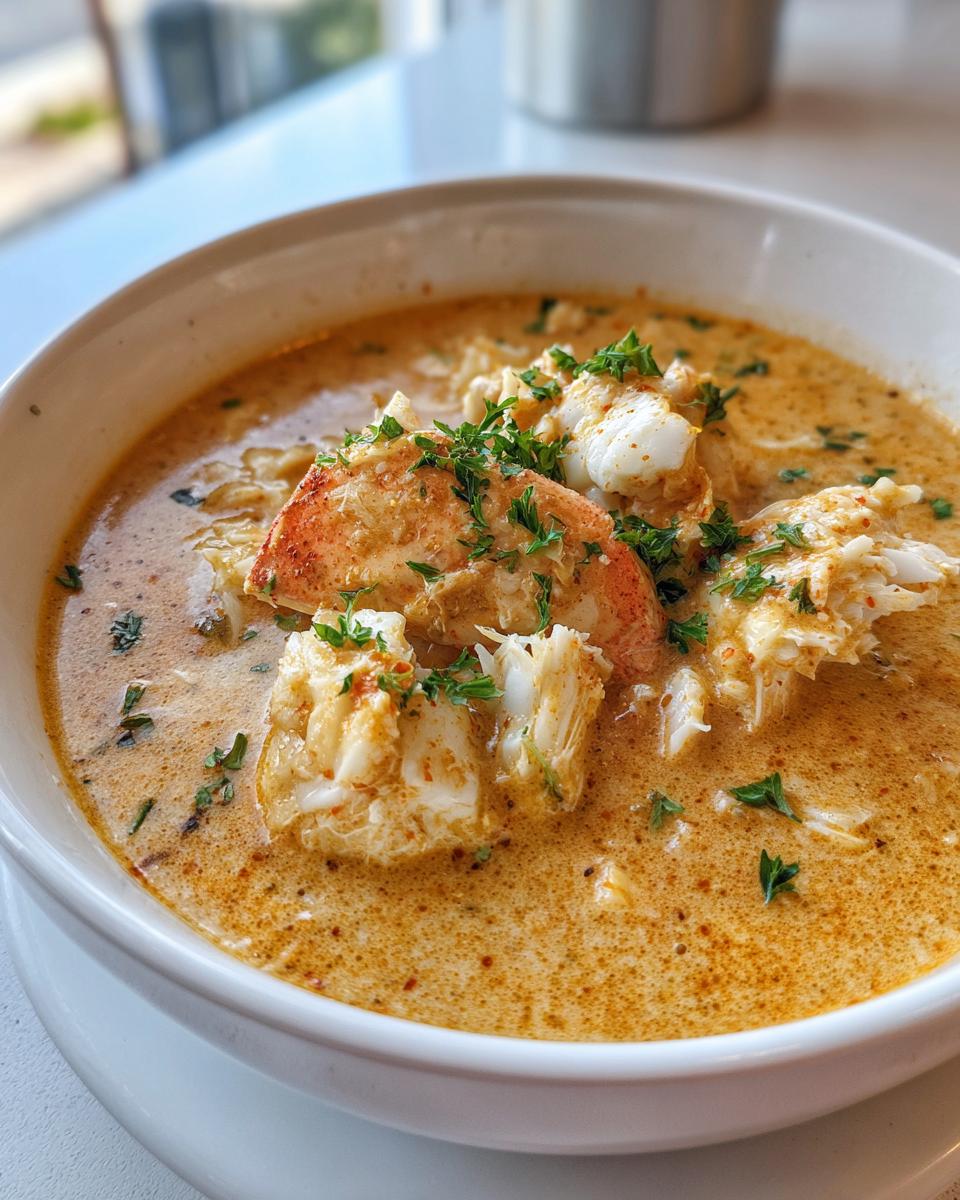 Close-up of a bowl of rich, creamy crab soup topped with generous chunks of white crab meat and fresh parsley.