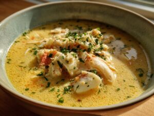 Close-up of a bowl of rich, yellow Cream of Crab Soup generously topped with large flakes of white crab meat and chopped parsley.
