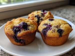 Three freshly baked blueberry protein muffins with golden tops sitting on a white plate.