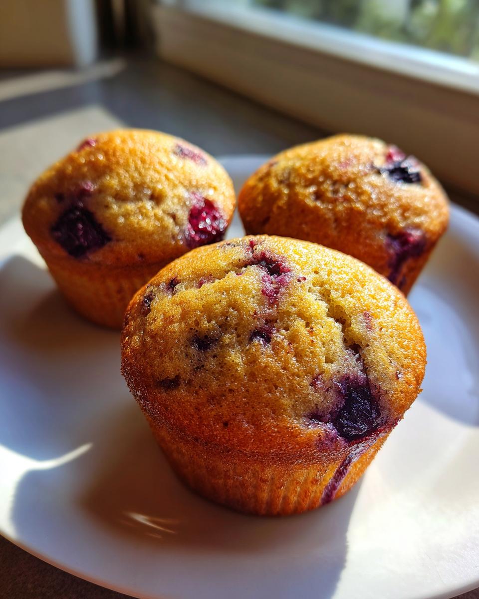Three golden brown blueberry protein muffins sitting on a white plate, illuminated by bright sunlight.
