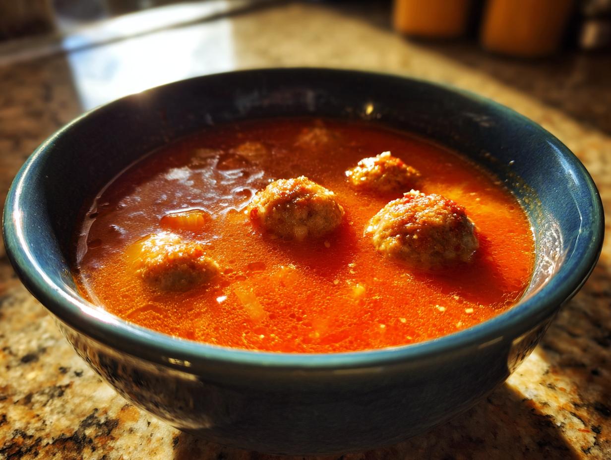 Close-up of a blue bowl filled with vibrant red albondigas soup featuring several tender meatballs.