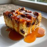 A close-up of a rich slice of bread pudding with bourbon sauce generously drizzled over the top and pooling on the white plate.