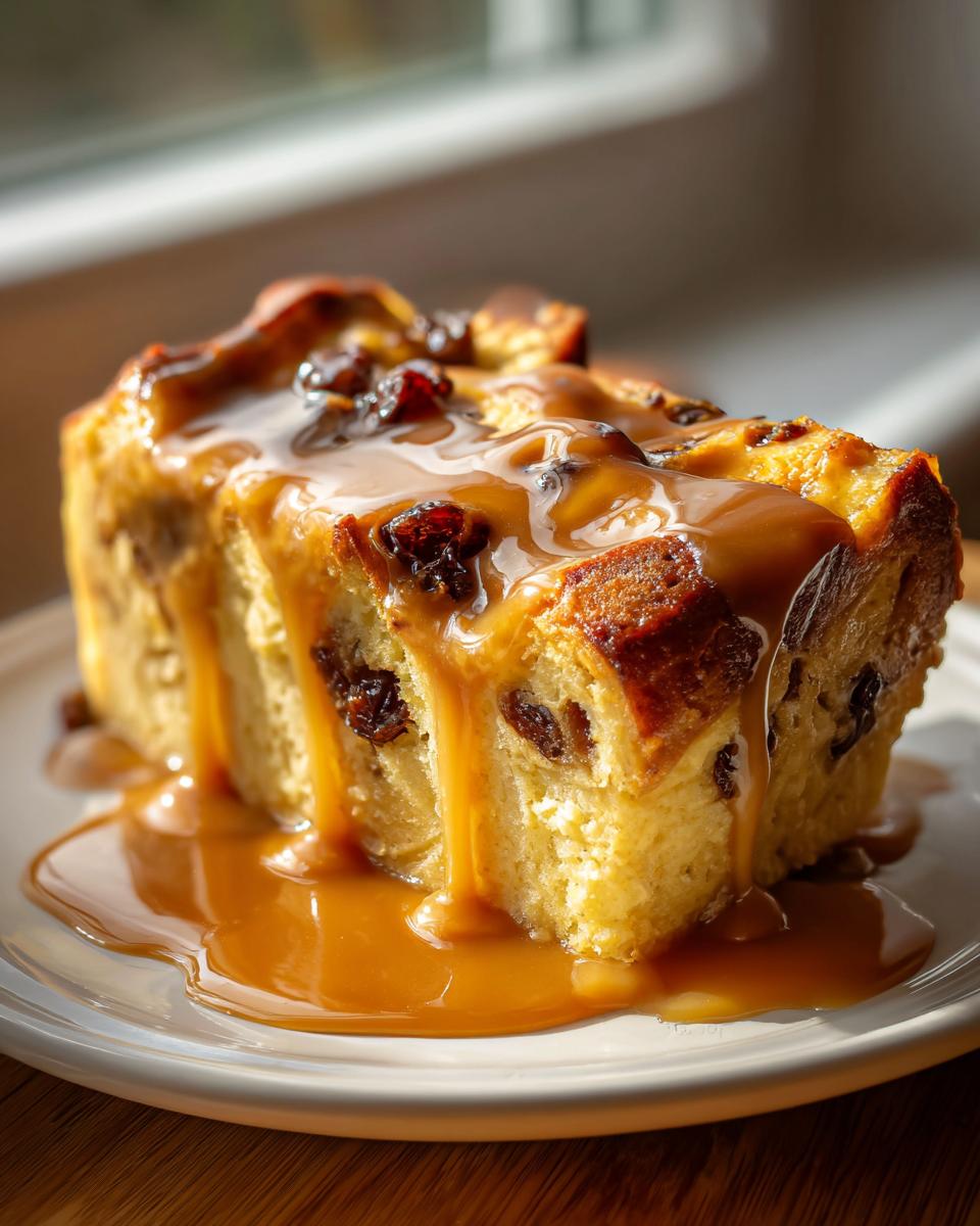 A decadent slice of bread pudding with bourbon sauce generously poured over the top and pooling on the plate.