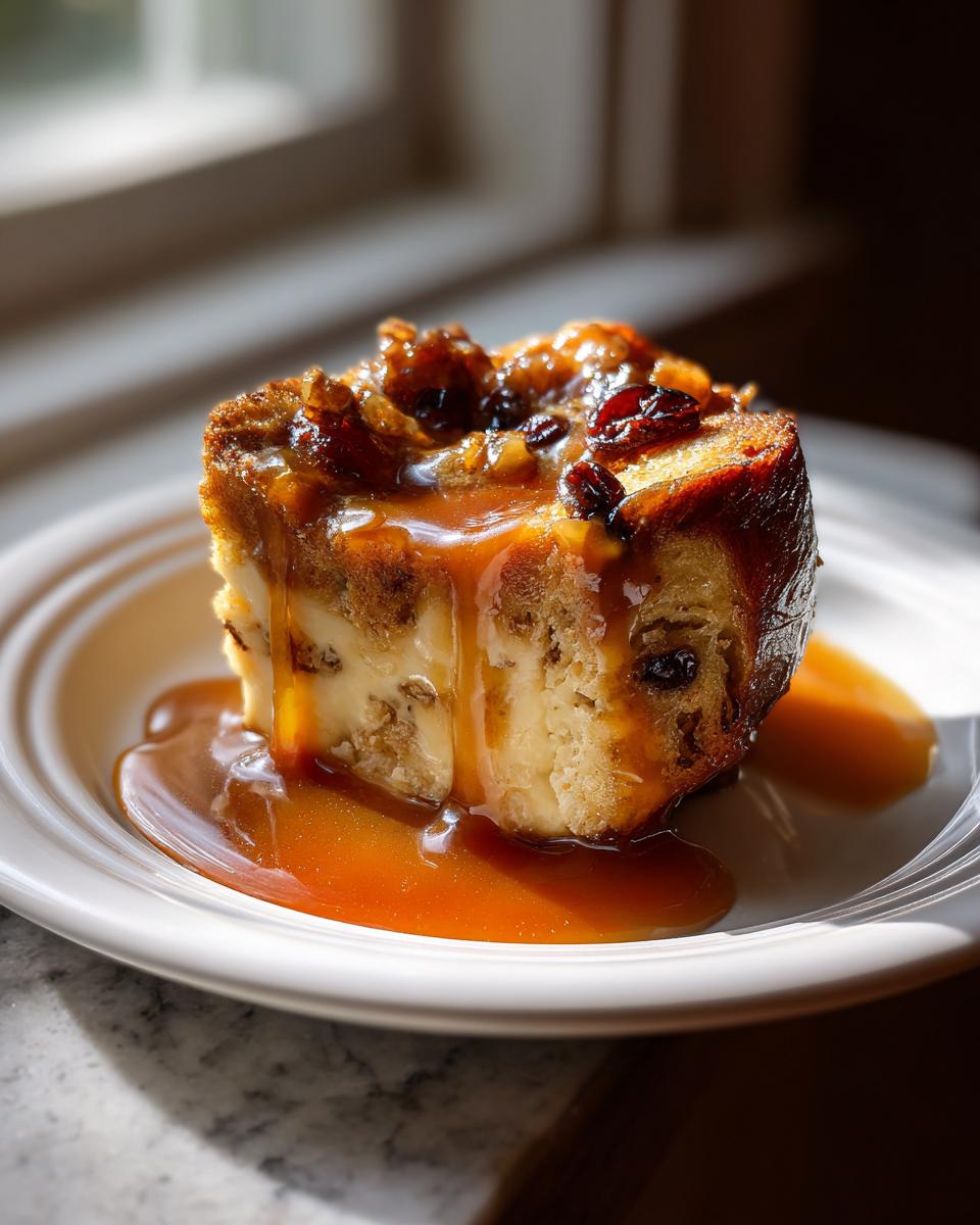 A close-up of a single serving of bread pudding with bourbon sauce generously poured over it, featuring dried fruit topping.
