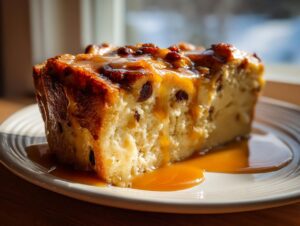 A thick slice of moist bread pudding with raisins, generously drizzled with rich bourbon sauce.